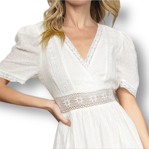 Lulus L White Lace Mini Dress V-Neck Ruffle Hem Bridal Wedding Guest Sundress - Picture 12 of 12